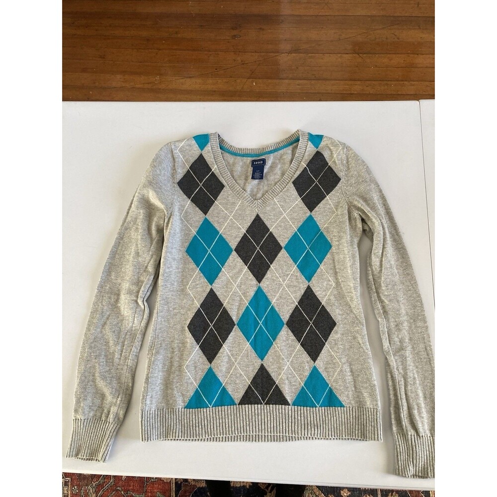 IZOD Sweater For Women Gray Teal Argyle Long Sleeves Size SP Pullover Good Cond